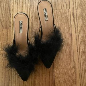 Black faux fur heels